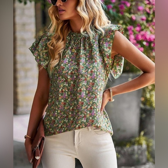 NEW Khaki Green Ditsy Floral Flutter Sleeve Frill Neckline Blouse - Picture 5 of 8